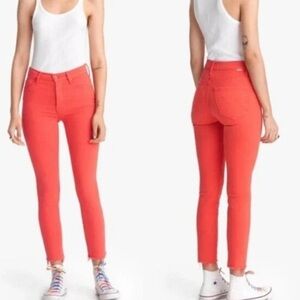 Mother The Stunner Ankle Fray Jeans Tomato Red Button Fly Size 24 D